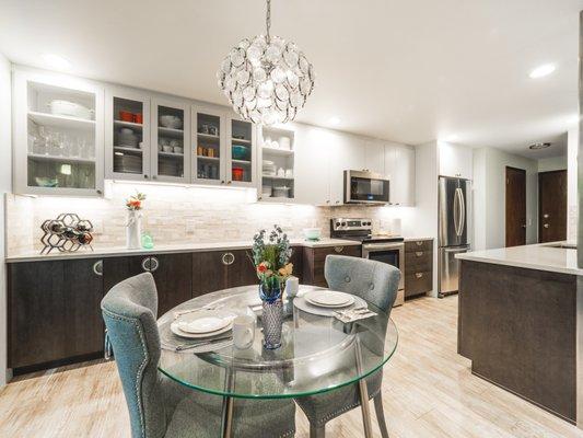 Dinner for two in this new beautiful kitchen. Updated cabinets, tile and flooring