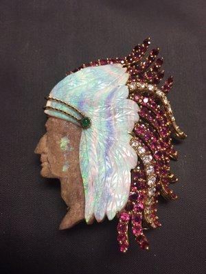 Custom carved opal, ruby and diamond clip brooch