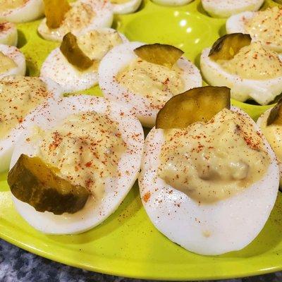 Farm fresh eggs turned into deviled eggs.