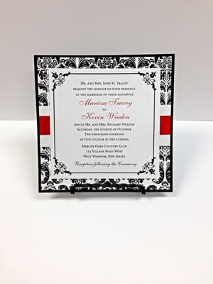 3 Layer Invitation. White Shimmer with black border icon on Damask and Black Backers, Red Satin Ribbon on Shimmer Band.