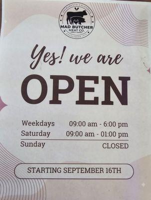 New Saturday hours starting 9/16/2023