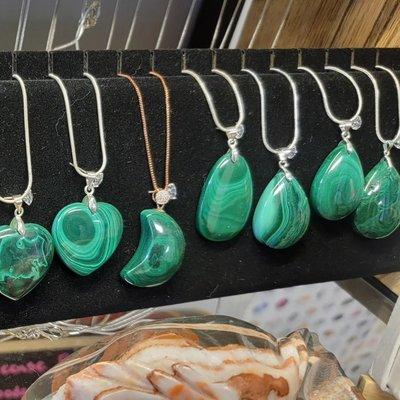 Malachite in many forms including these lovely pendants.