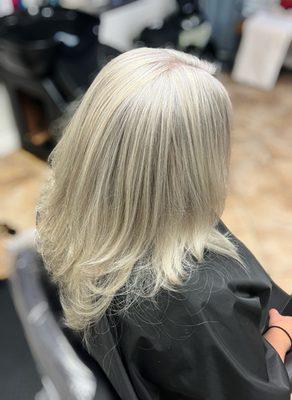 Full head highlights to blend out her beautiful natural gray.