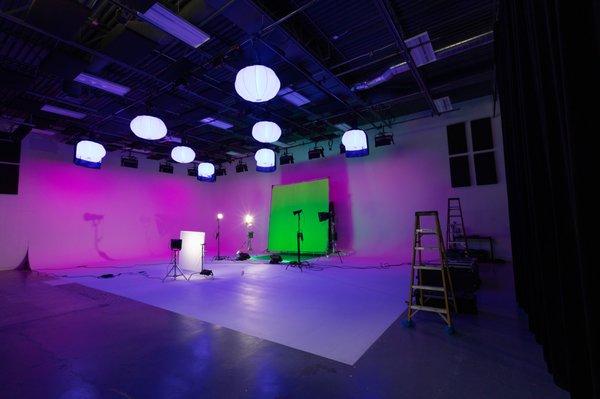 Our main stage features a full color cyc wall and lighting system. Photo from a production using Green Screen.