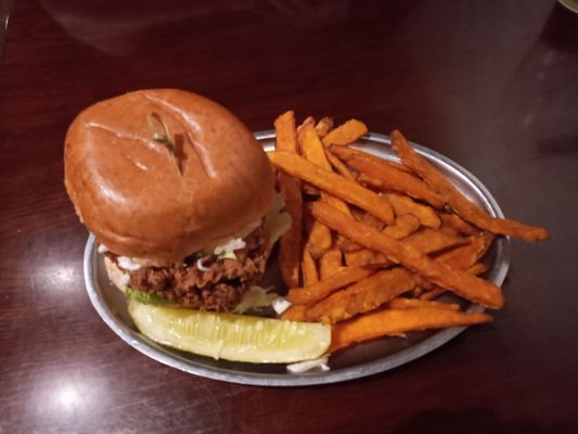 Chicken sandwich,  with fries and a deli pickle. Yum! The chicken was cooked perfectly.