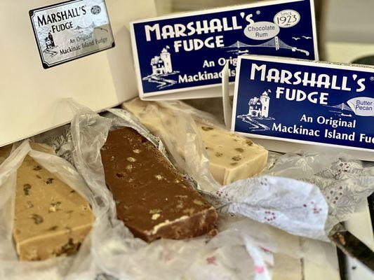 Penuche, chocolate, rum, and butter pecan fudge three of my favorites