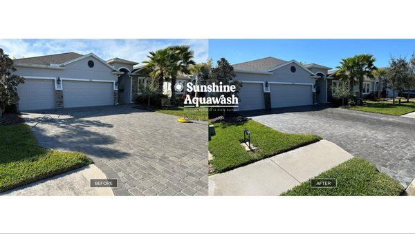 Before and After House Wash soffit, facia, and gutter and paver driveway and concrete sidewalk cleaning in Palmetto, FL