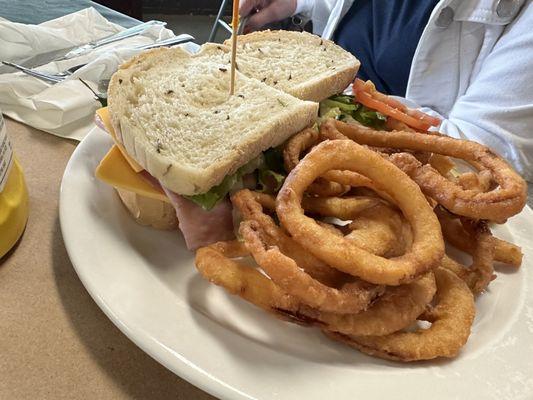 Ham sandwich and delicious onion rings