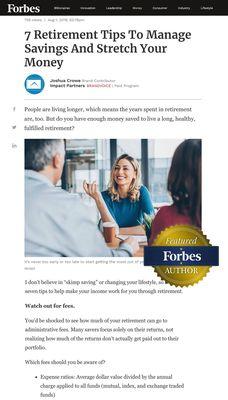 Forbes article written by Sunpath's Joshua Crowe on the '7 Retirement Tips to Manage Savings and Stretch Your Money.' The article is synonym