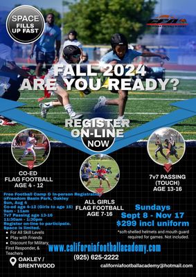 California Football Academy Fall 2024 Season is now taking player registration.