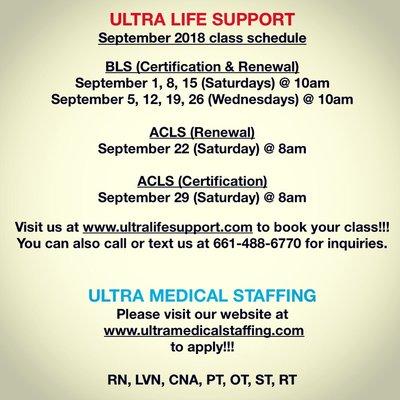 September 2018 Class Schedules!  BLS $45, ACLS $160(renewal) and $180(initial certification)