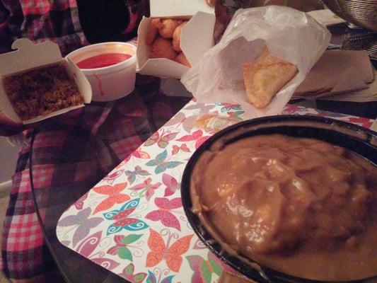 House Egg Foo Young, Sweet/Sour Chicken, Fried Rice, and Crab Ragoons