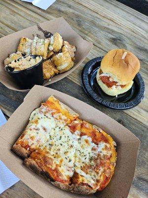 Pretzel Nuggets with Pimento Cheese, Meatball Slider, and Half Margherita Flatbread