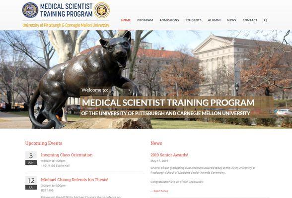 The Pitt/Carnegie Mellon Medical Scientist Training Program site features a large dynamic banner on the home page, searchable faculty and al