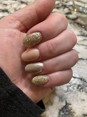 SNS powder dip nails on my natural nail (no tip), glitter, neutral, & gold chrome