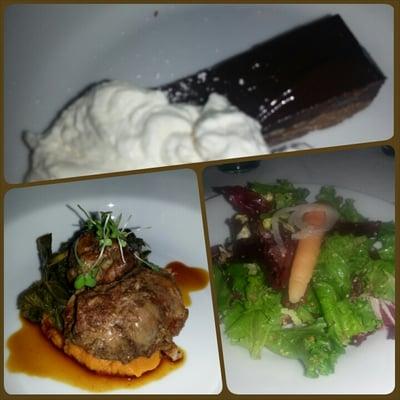 Lifecycle Building Center dinner: Wrecking Bar dessert, pork cheeks with sweet potatoes and greens, local greens salad