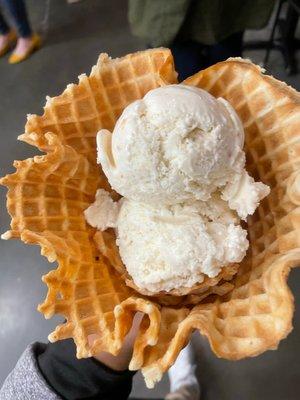 2 scoops of Cinnamon Roll in a Waffle cone