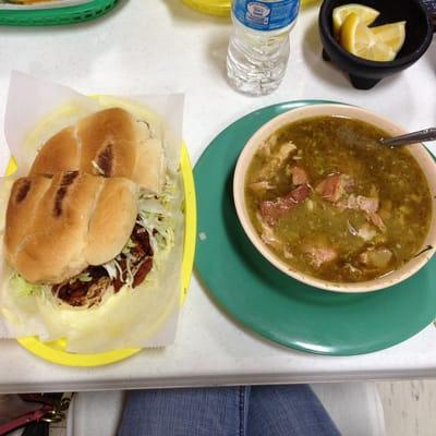 Torta de al pastor, pozole verde