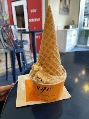 Peanut Crunch & Mandorlia Gelato in waffle cone