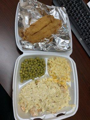 Lunch special- shrimp Alfredo, Mac nd cheese, peas and fried fish