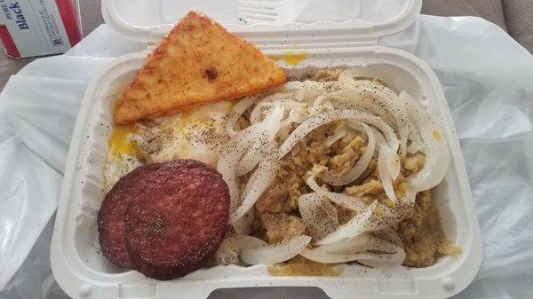 Mangu, Fried Eggs, Fried Cheese, Onions, and Salchichon