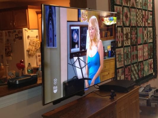 This is a unique TV installation with the open wall behind the TV appears to be Floating.