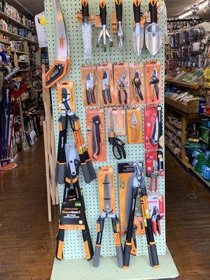 Fiskars and Corona tree and branch pruners and clippers.