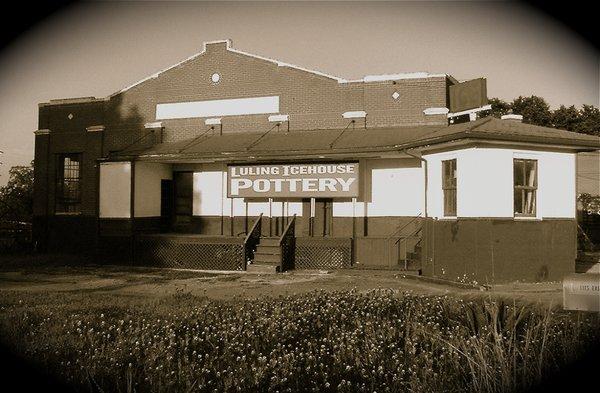 The historic Luling icehouse (circa 1928), home of Luling Icehouse Pottery.