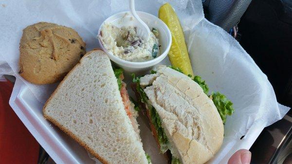 1/2 Janwich(chicken salad)& 1/2 Beefwich (roast beef Ciabatta) combo pickle, drink, side, & choc chip stuff cookie