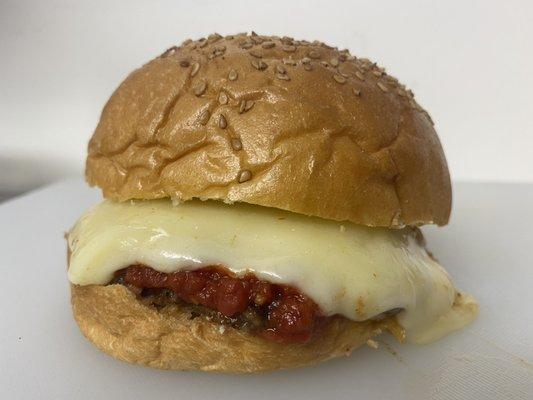 Pizza Burger made with home made sauce and melted mozzarella