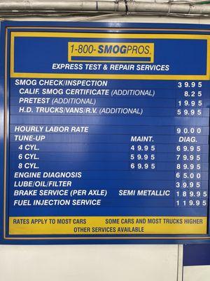 Smog Pros- smog check inspection prices and hourly rate.