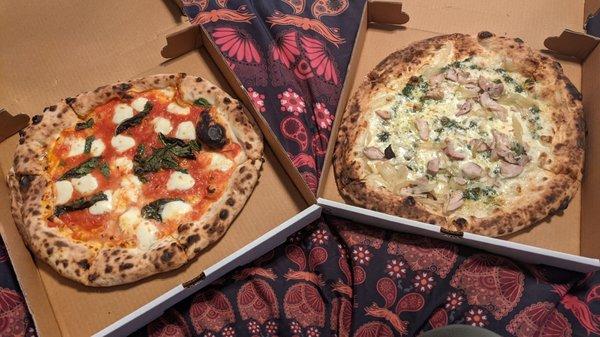 Margherita pizza and Jimmy Pesto pizza