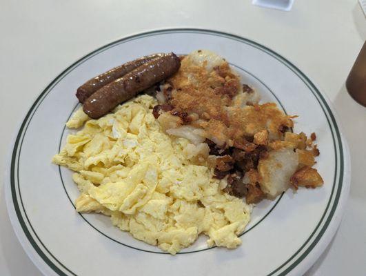 Scrambled eggs w/ hash browns and sausage.