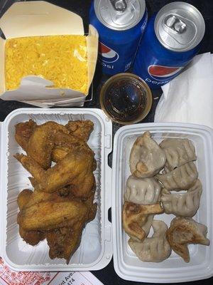 Chicken wings Plain fried rice  10. Fried Dumplings Pepsi cans