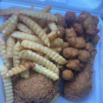 Monday special: 2 pieces $.95 cents added fried okra and fries.