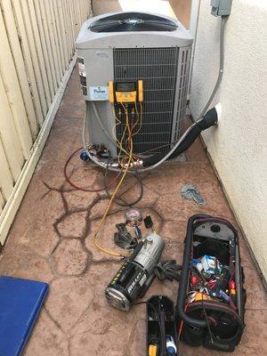 Deep vacuum to remove moisture after a Repair made on a copper line refrigerant leak.