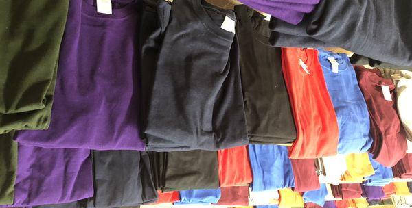 Blank t-shirts in many sizes and colors.