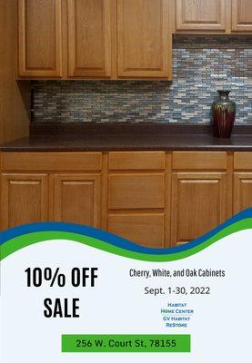 10% Off Cherry, Oak and White Kitchen Cabinets.
In-Store discount good until 9/30/22.