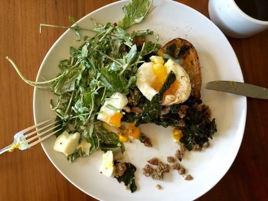 Chard and sausage toast with wild arugula salad. Thank you Riverdog!