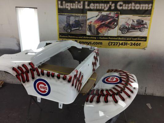 Custom Chicago Cubs EZGO RXV Golf Cart Body painted by Liquid Lenny's Customs