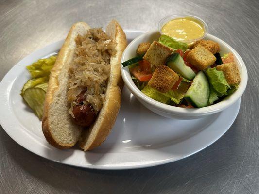 Jumbo Hot Dog with a Side Salad.