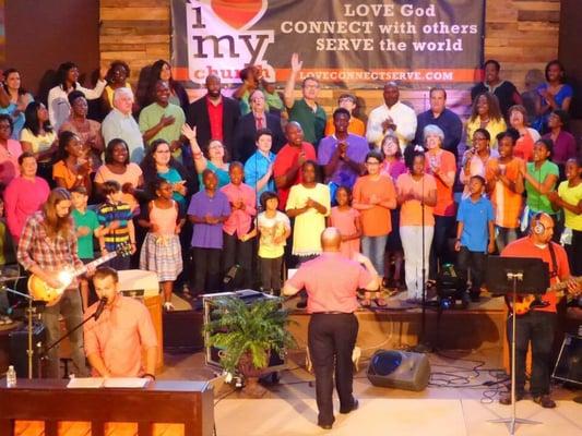 Sunday morning worship with choir and musicians. There's a lot of excitement here.