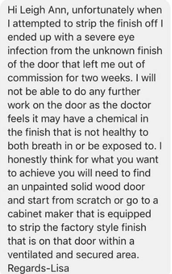 The text from Lisa claiming she got "sick" from working on door.