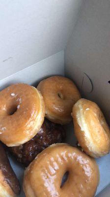 Glazed donuts (top-4), chocolate bar (left-1) , apple fritter (bottom-1)