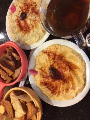 At upper left is the Baba Ghanoosh, lower right is hummus, and each had small bowl of thick pita chips.