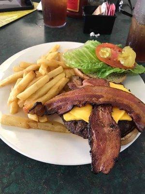 Saturday's bacon cheese burger with French fries.