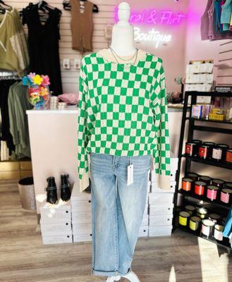 Green / Ivory checkered sweater paired with Risen brand denim