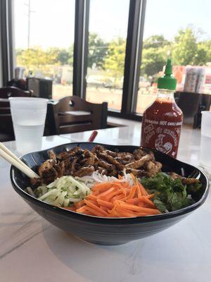 Chicken BBQ vermicelli bowl. Combination Pho. Spring Rolls and Mango smoothie with jellies. Yum!!