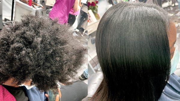 Before and after wash and set coarse hair