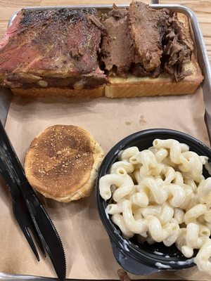 2 meat choice combination:  ribs and brisket on Texas toast, mac n cheese side, and biscuit!